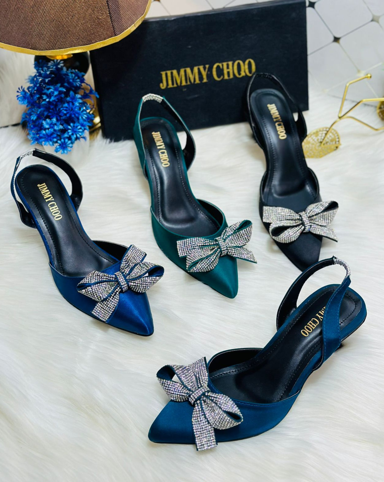 JIMMY CHOO Rhinestone Tie Bow Slingback Heels - Black