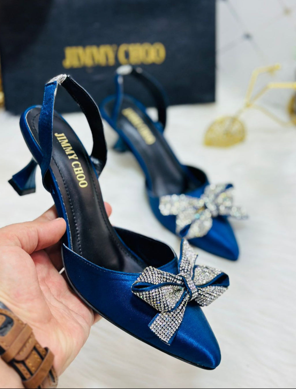 JIMMY CHOO Rhinestone Tie Bow Slingback Heels - Blue