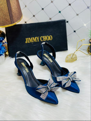 JIMMY CHOO Rhinestone Tie Bow Slingback Heels - Blue