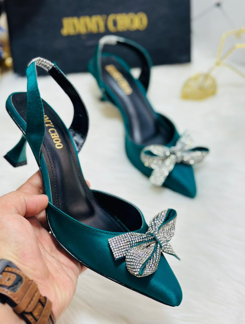 JIMMY CHOO Rhinestone Tie Bow Slingback Heels - Green