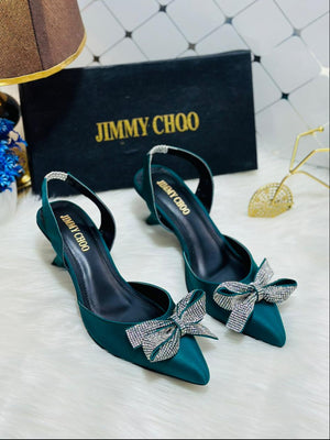 JIMMY CHOO Rhinestone Tie Bow Slingback Heels - Green