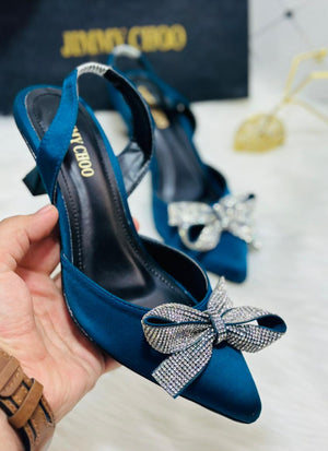 JIMMY CHOO Rhinestone Tie Bow Slingback Heels - Dark Green