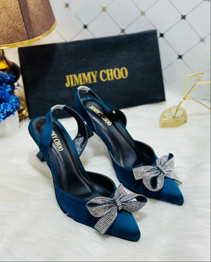 JIMMY CHOO Rhinestone Tie Bow Slingback Heels - Dark Green