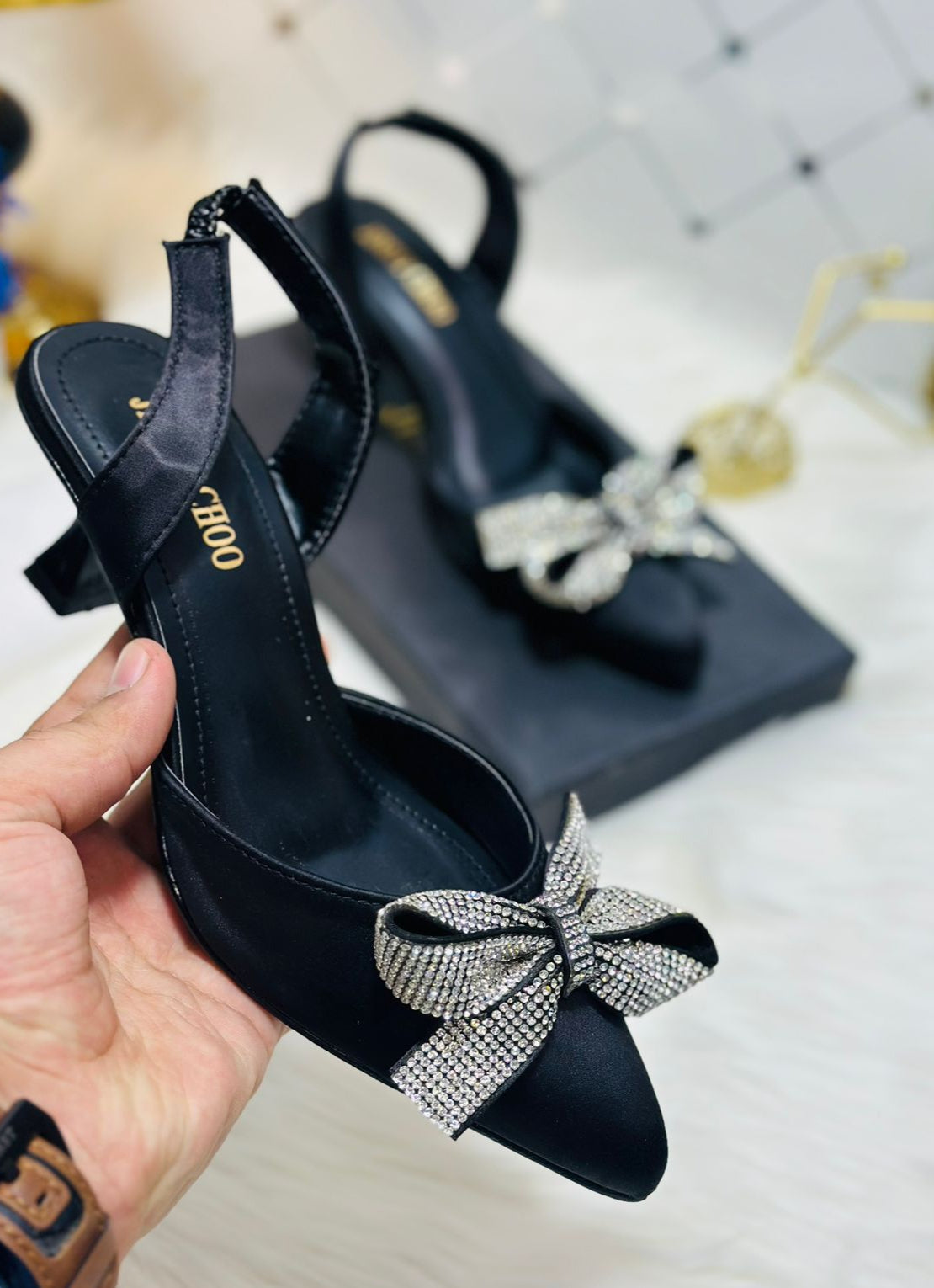 JIMMY CHOO Rhinestone Tie Bow Slingback Heels - Black