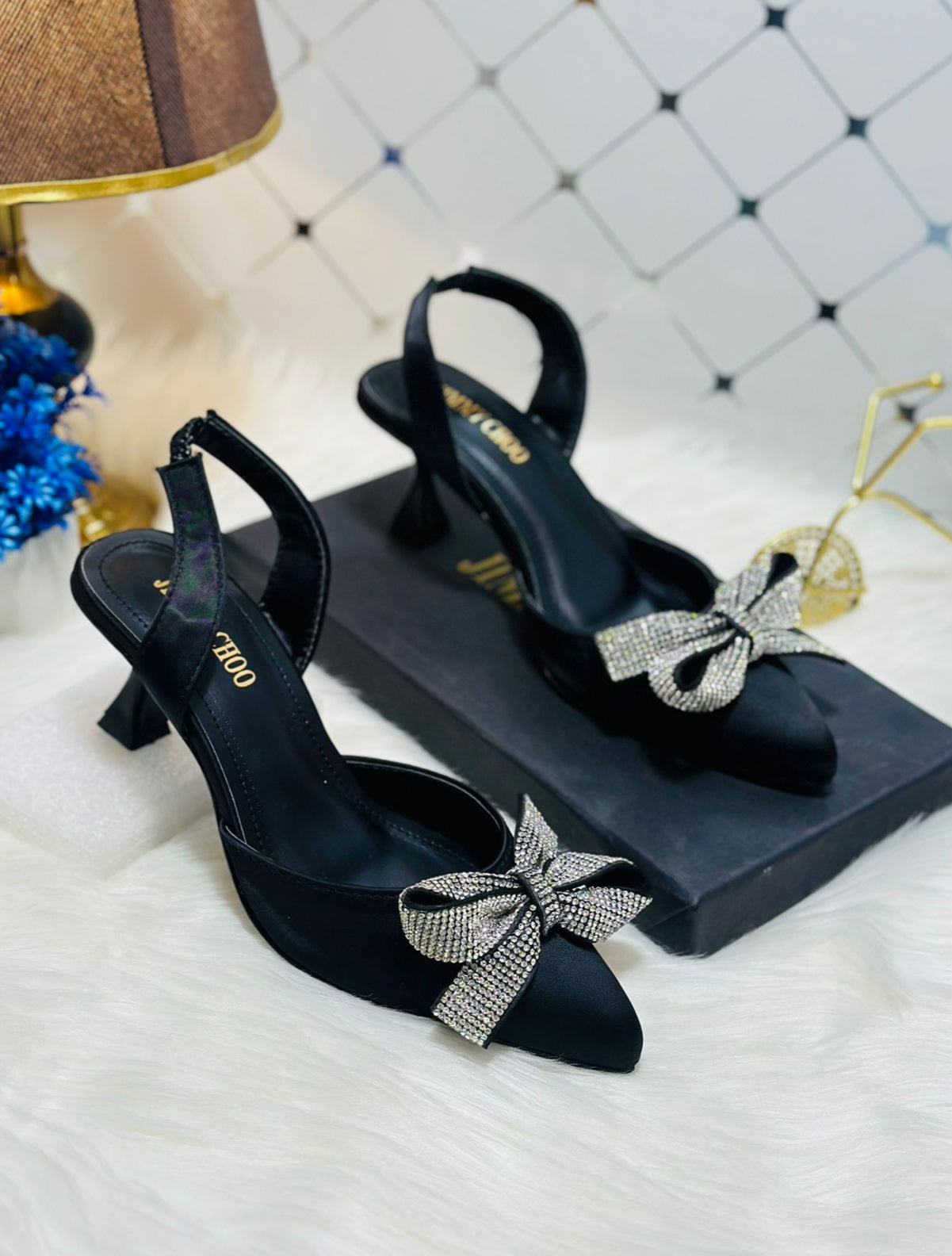 JIMMY CHOO Rhinestone Tie Bow Slingback Heels - Black