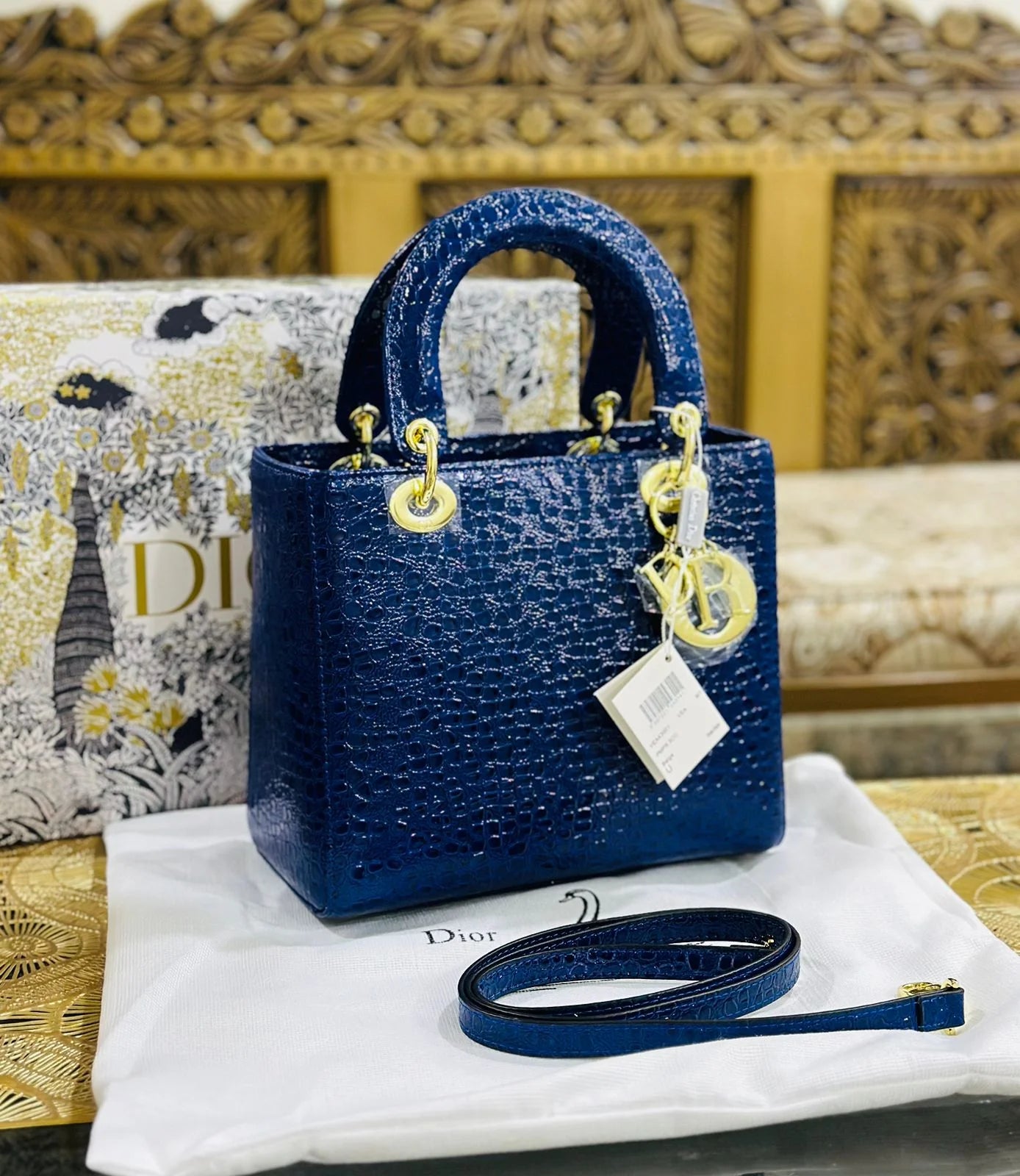 Lady Dior Medium Exotic Crocodile Leather Bag - Blue