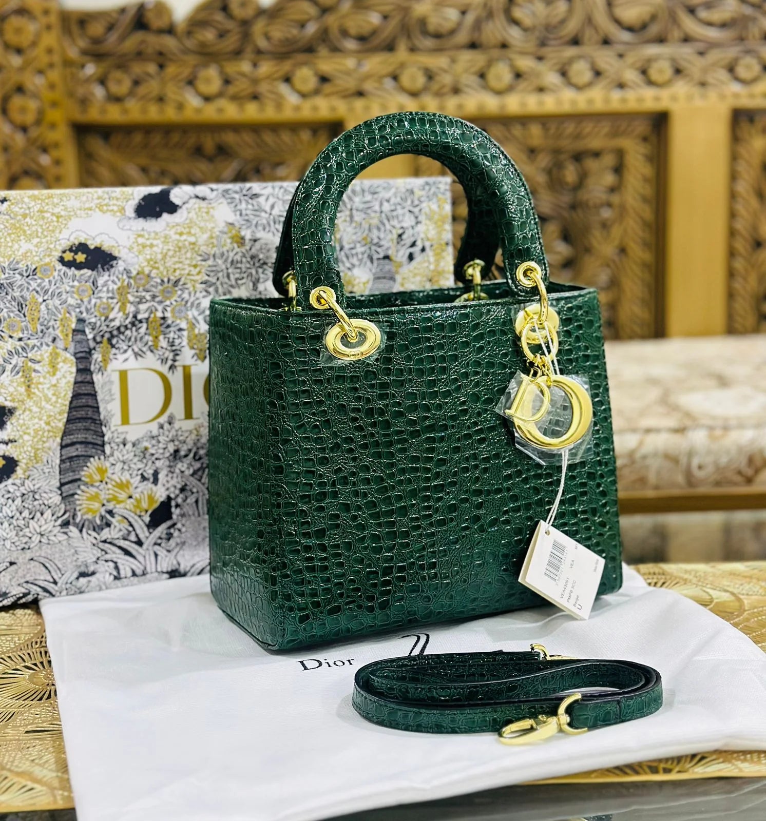 Lady Dior Medium Exotic Crocodile Leather Bag - Green