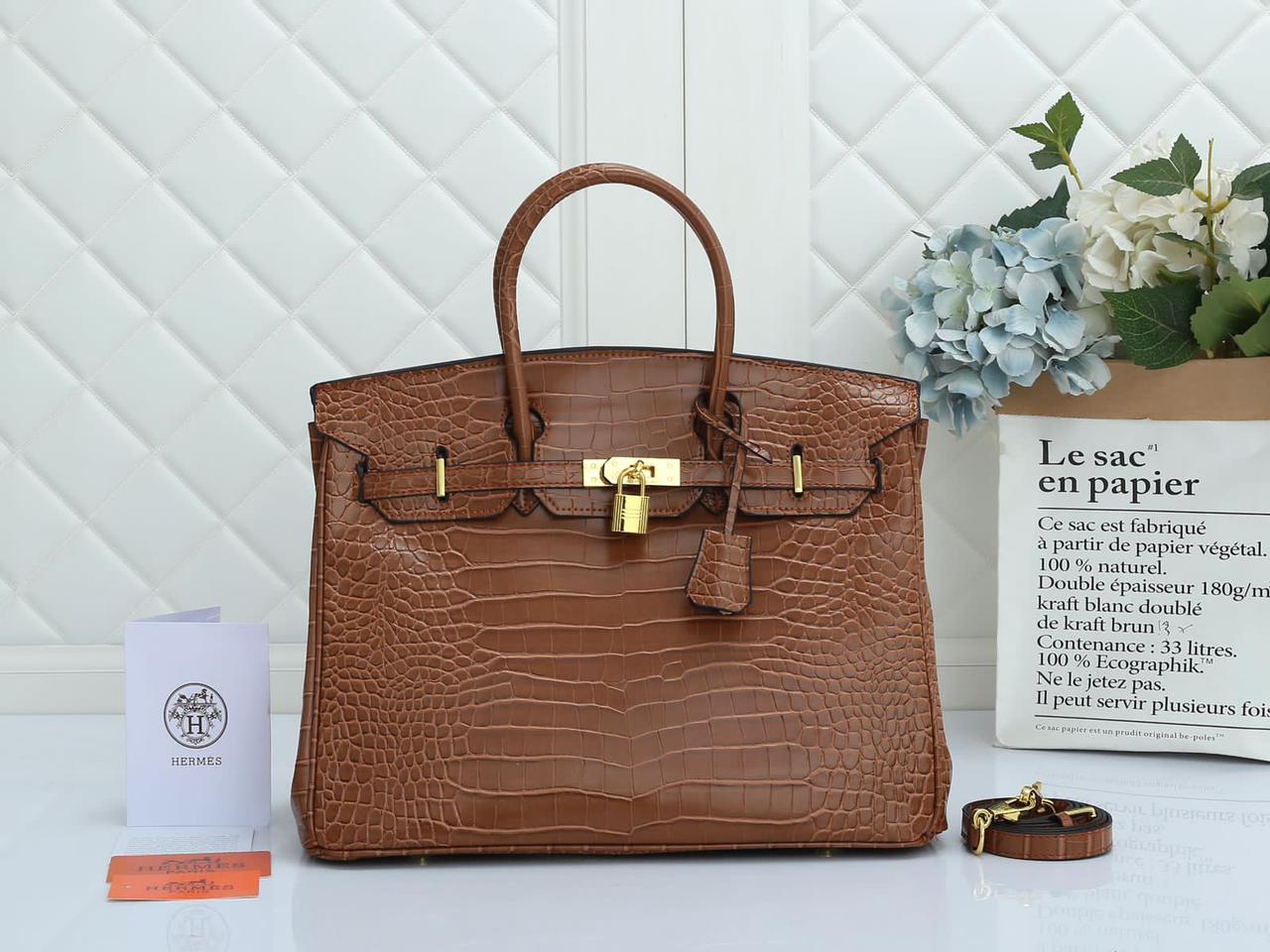 Birkin Crocodile Leather Women Handbag - Brown