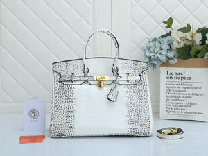 Birkin Crocodile Leather Women Handbag - White