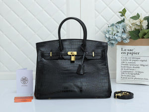 Birkin Crocodile Leather Women Handbag - Black