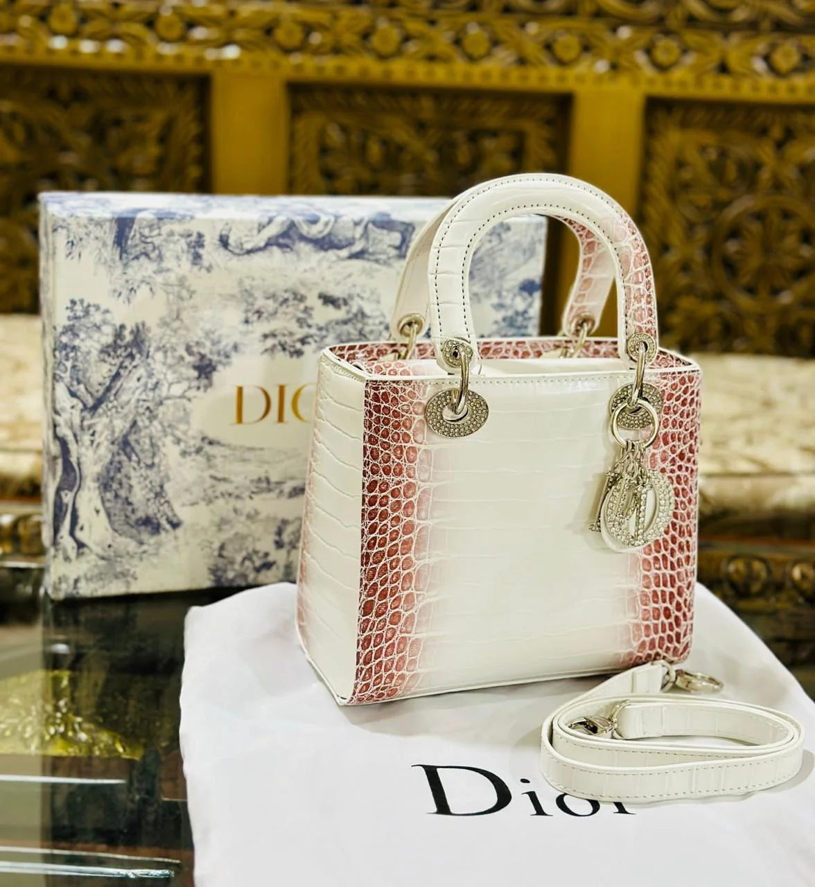 Lady Dior Small Crocodile Leather Bag - White