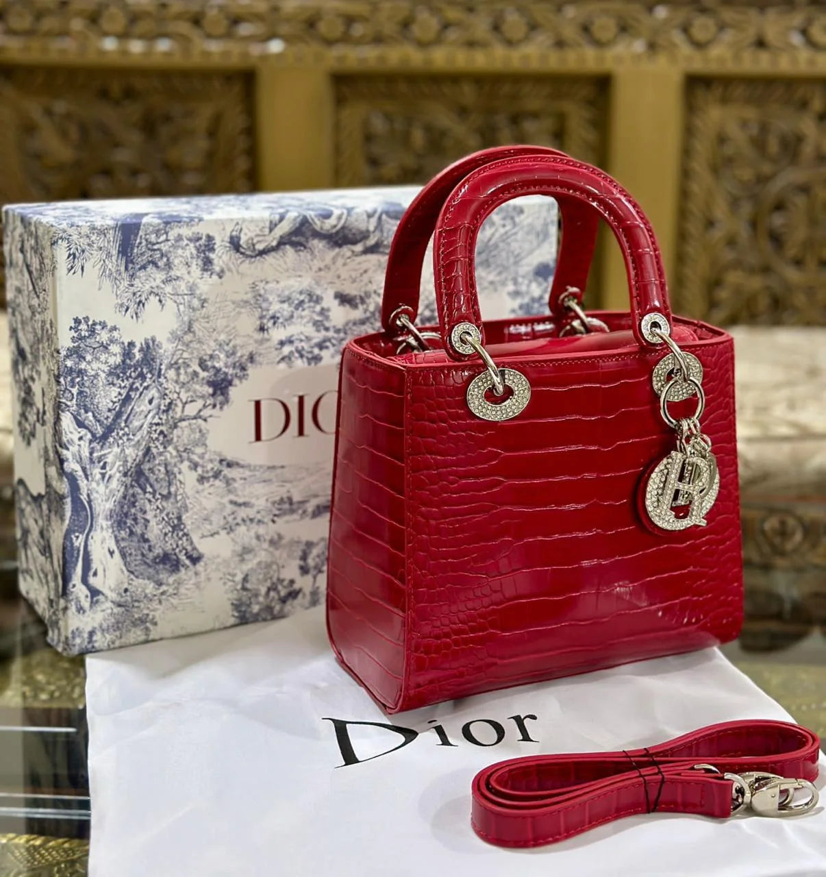 Lady Dior Small Crocodile Leather Bag - Red