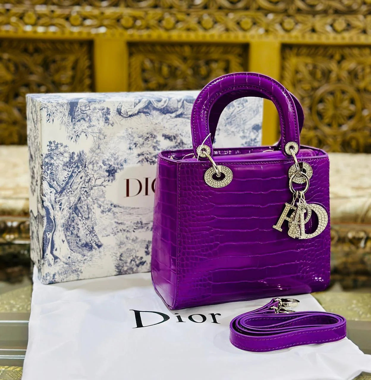 Lady Dior Small Crocodile Leather Bag - Purple