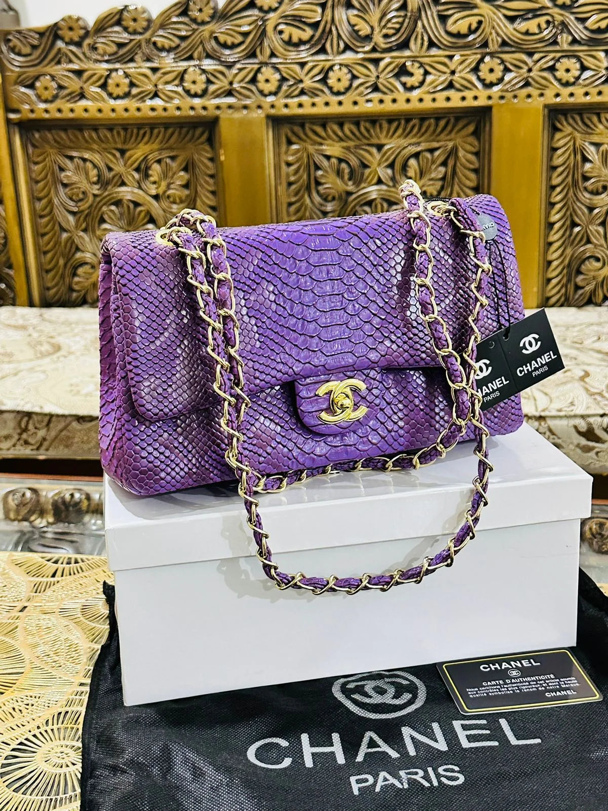 Chanel Classic Flap Bag in Python Leather - Purple