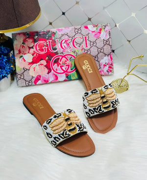 Embellished Bee Glam Slide Sandals - Brown