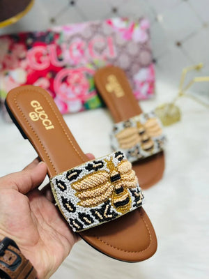 Embellished Bee Glam Slide Sandals - Brown