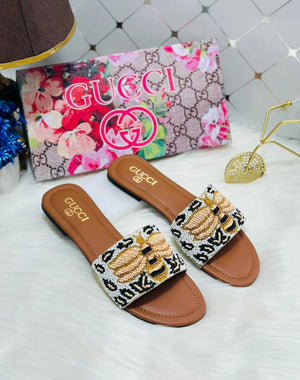 Embellished Bee Glam Slide Sandals - Brown