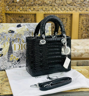 Lady Dior Medium Exotic Crocodile Leather Bag - Black (Silver Buckle)