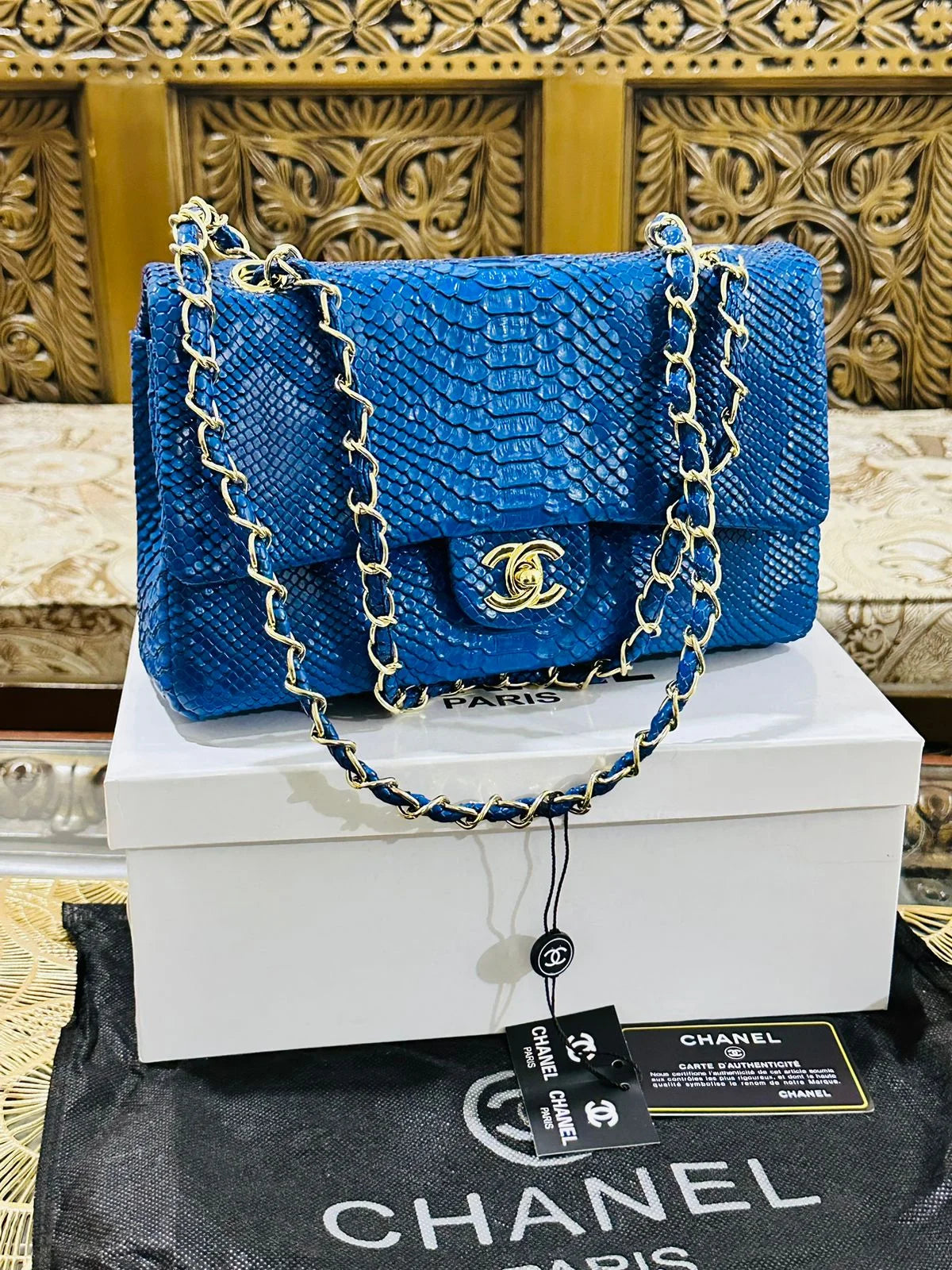 Chanel Classic Flap Bag in Python Leather - Blue