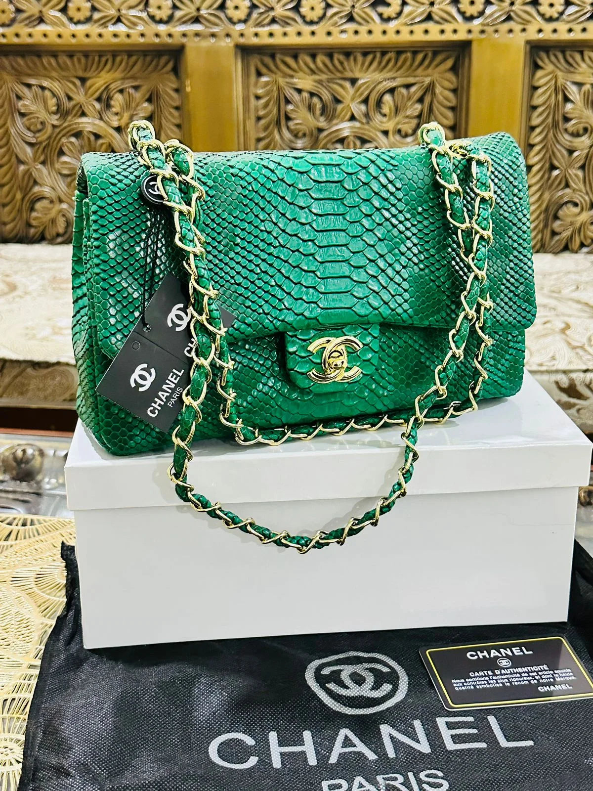 Chanel Classic Flap Bag in Python Leather - Green