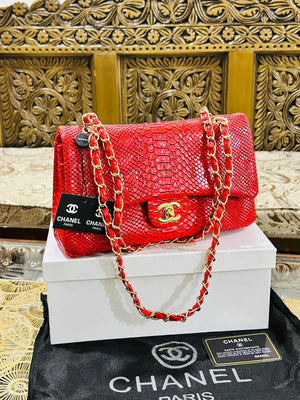 Chanel Classic Flap Bag in Python Leather - Red