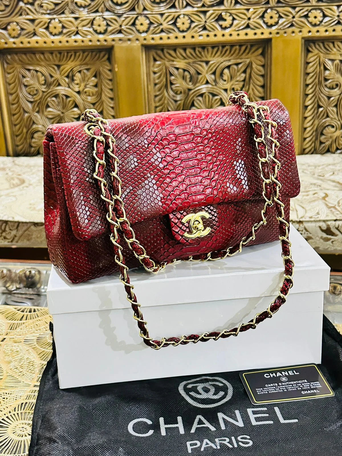 Chanel Classic Flap Bag in Python Leather - Maroon