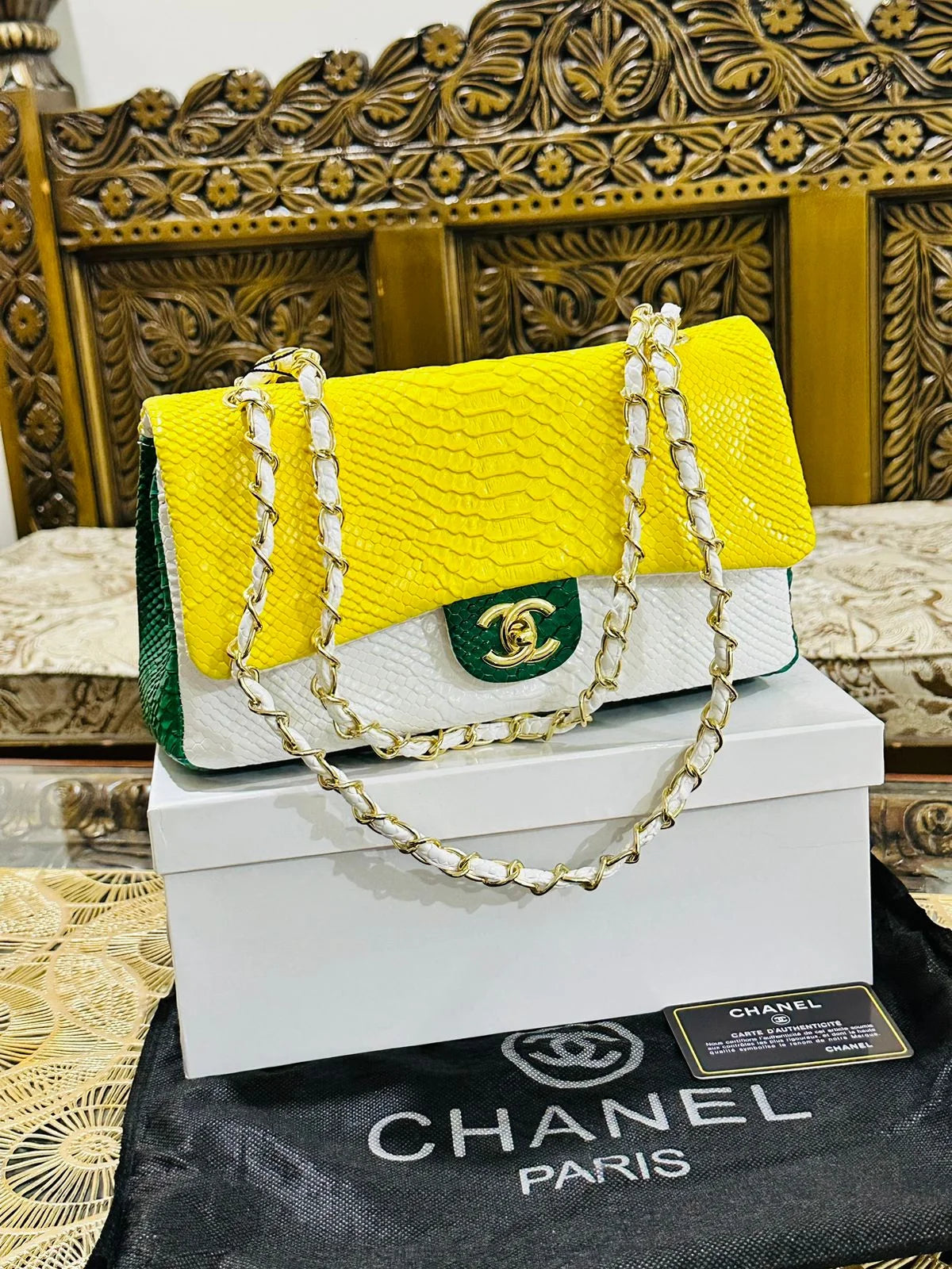 Chanel Classic Flap Bag in Python Leather - Yellow