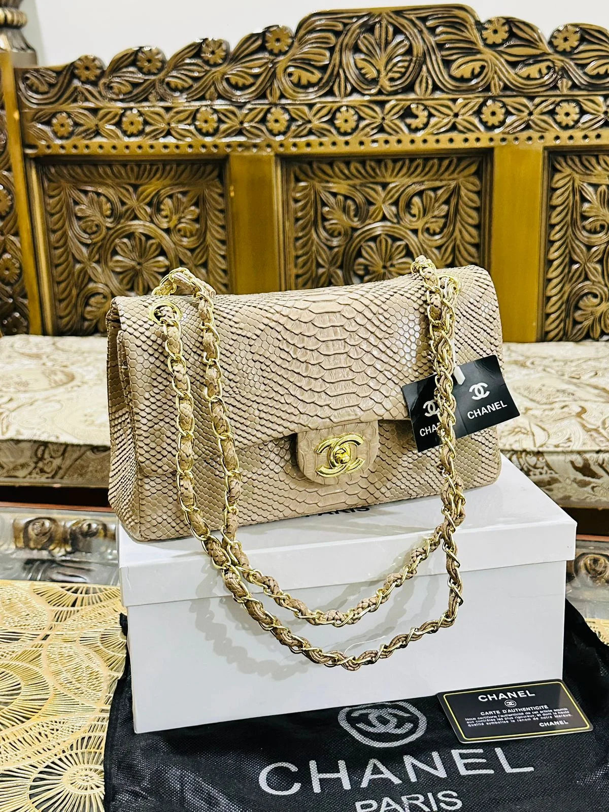 Chanel Classic Flap Bag in Python Leather - Beige